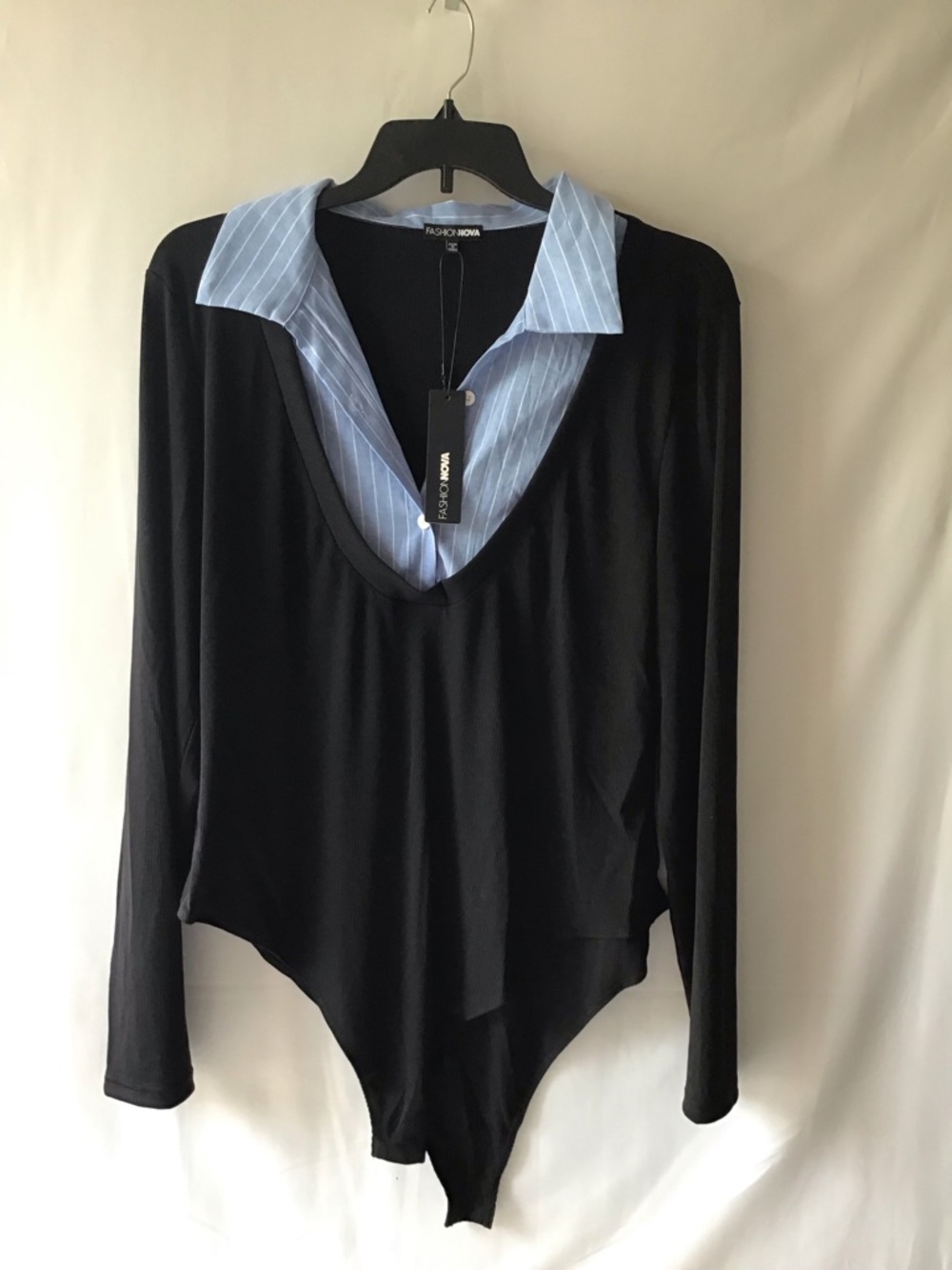 Fashion Nova Black Faux-Layer Bodysuit with Light Blue Pinstripe Collar